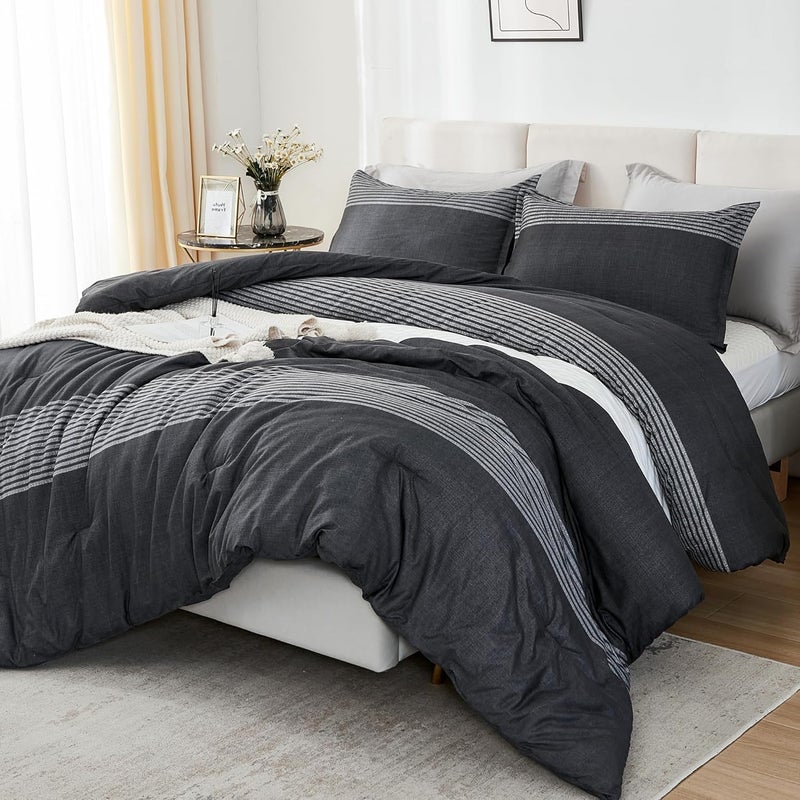 Litanika Black White Grey Comforter Set Twin XL - 2 Pieces Lightweight Pumpkin White Colorblock Stripe Fluffy Bedding Comforter Sets, All Season Bed Set - Image 1